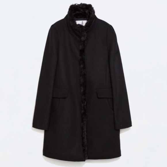 Zara Jackets & Blazers - ZARA Faux Fur Long Black Wool Blend Coat